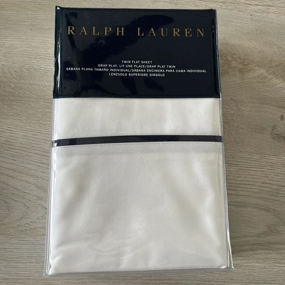 Ralph Lauren Palmer Home Bedding Flat Sheet White Polo Navy Blue TWIN